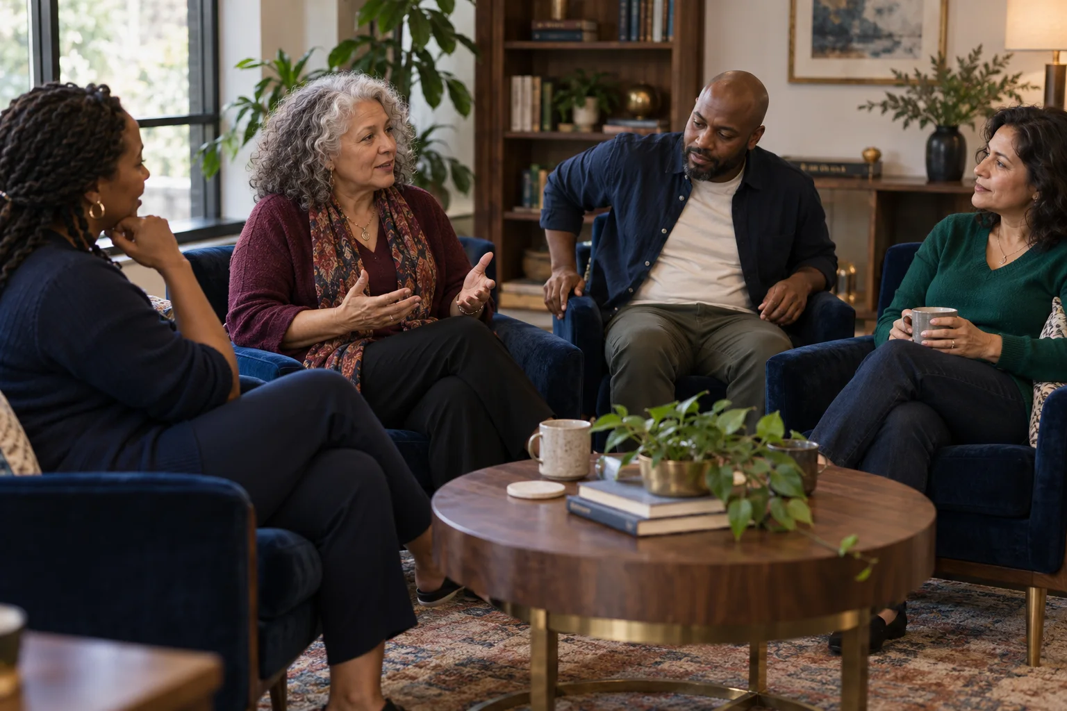 Illustrative scene of four adults listening and sharing perspectives in a peer conversation