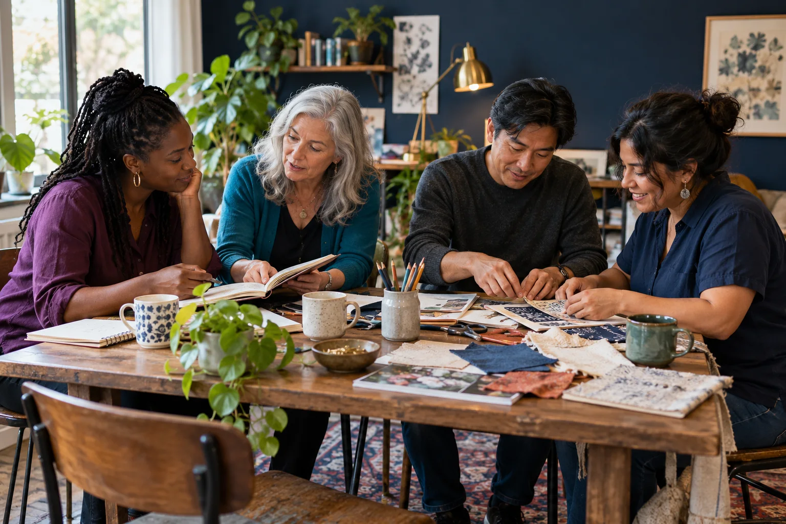 Illustrative scene of adults sharing skills and learning through a creative activity