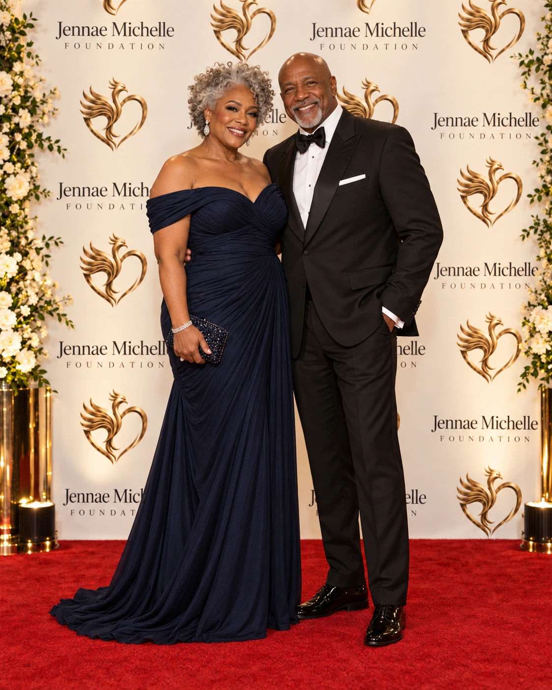 Illustrative gala arrival portrait of a silver-haired woman in a navy gown and a man in a tuxedo