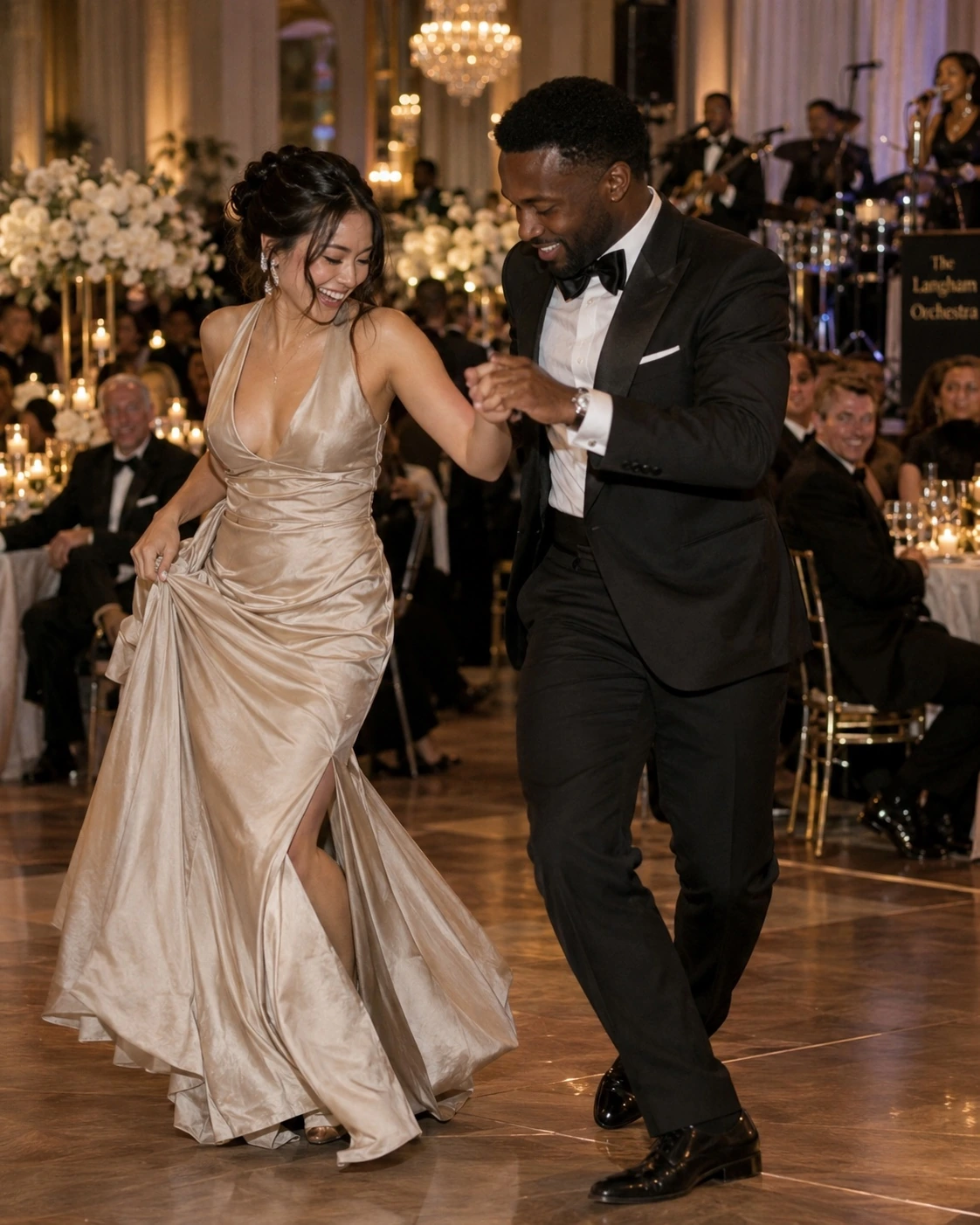 Illustrative gala scene of guests laughing while dancing