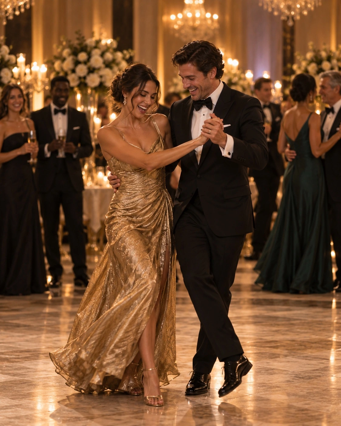 Illustrative gala scene of guests dancing together