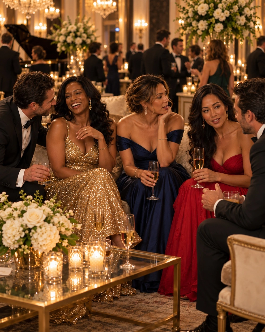 Illustrative gala scene of guests enjoying a conversation
