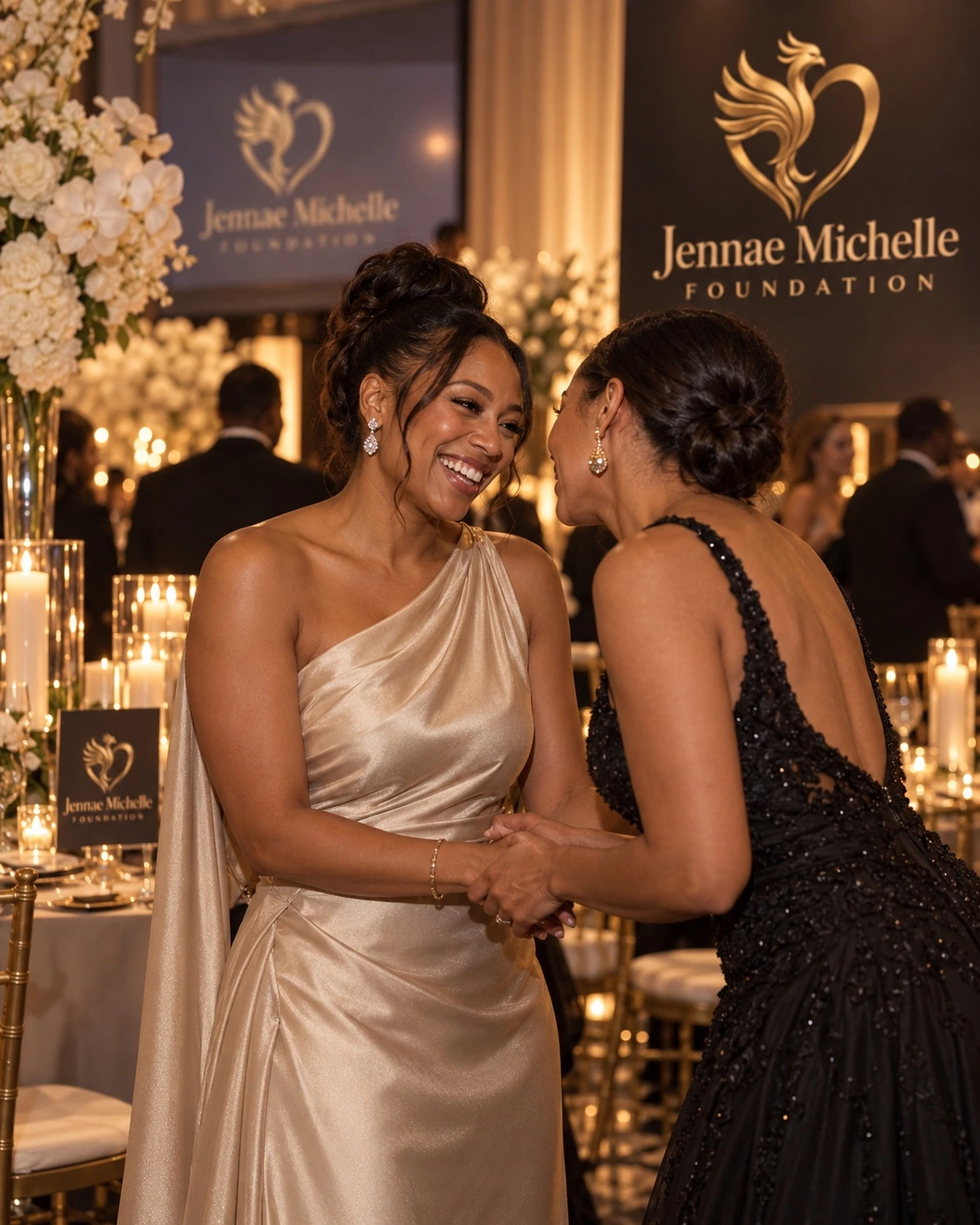 Illustrative gala scene of two women sharing a laugh