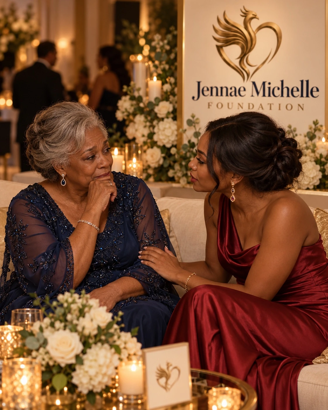 Illustrative gala scene of two women connecting in conversation