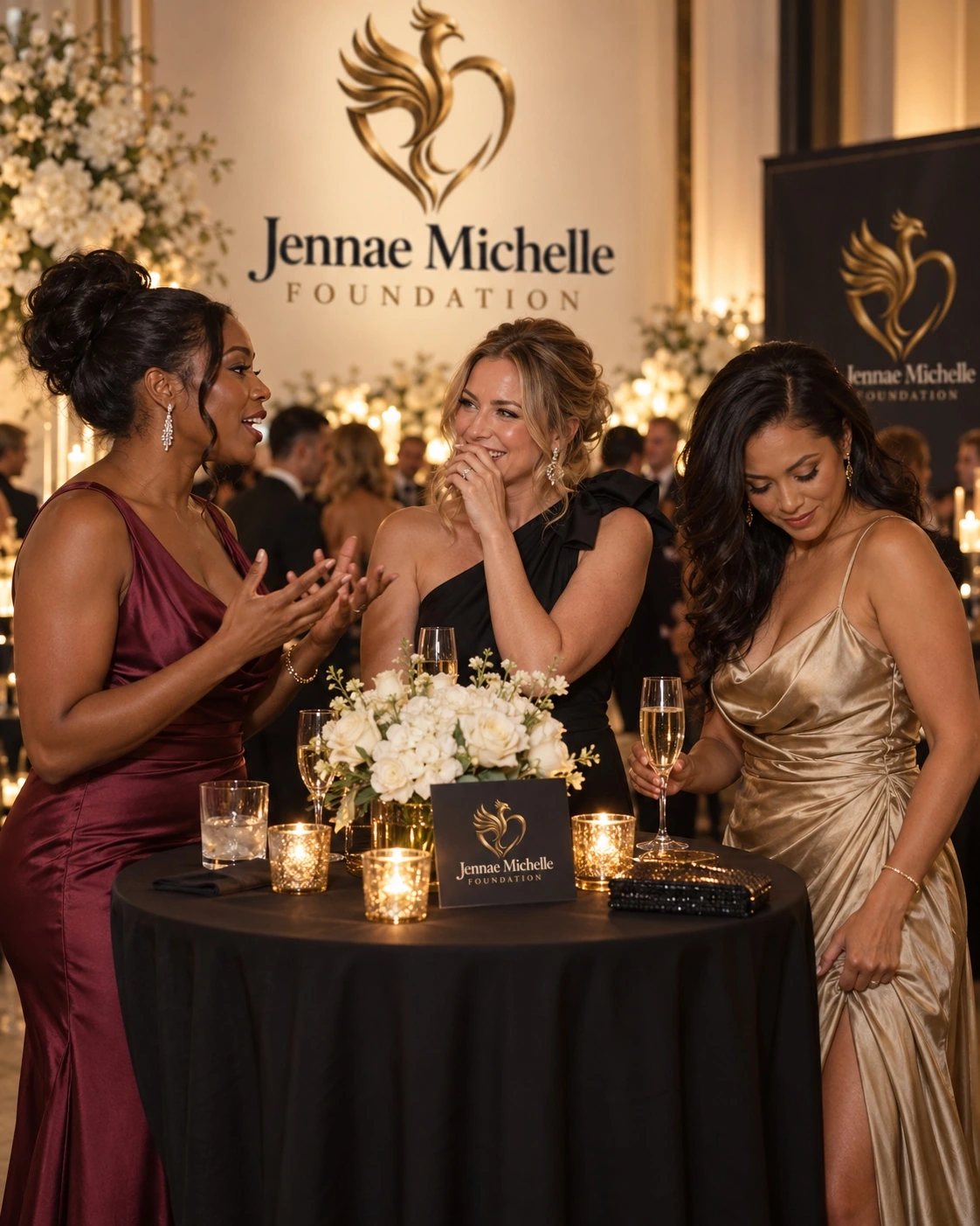 Illustrative gala scene of guests in conversation around a table beside the Jennae Michelle Foundation sign