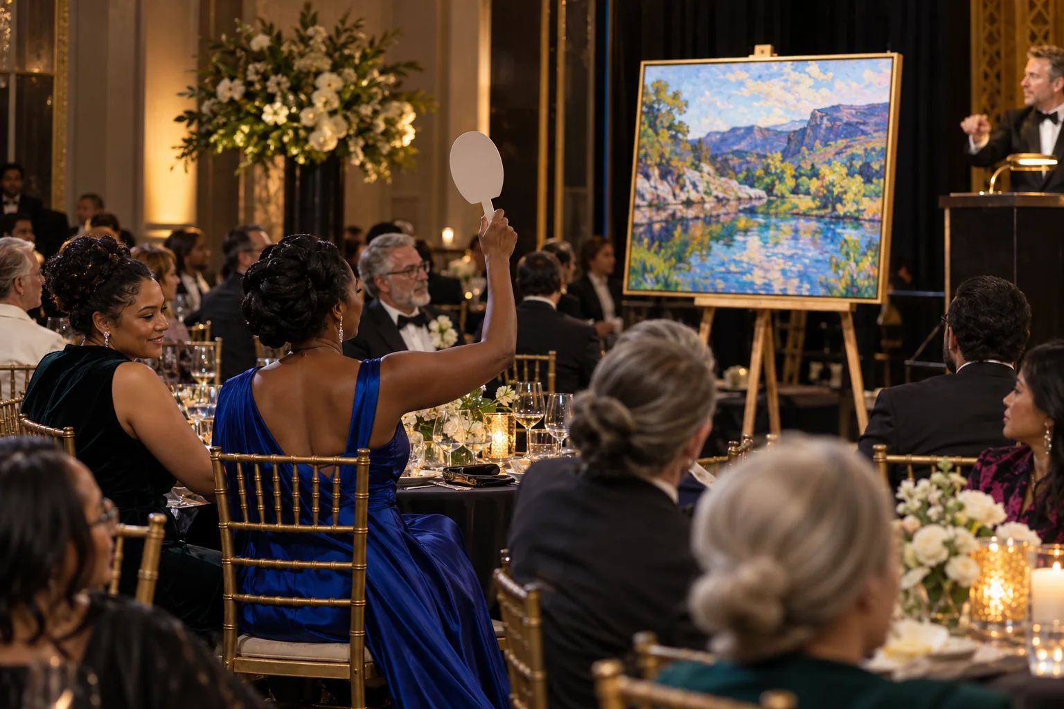 Concept of a gala guest in a blue gown bidding on a landscape painting
