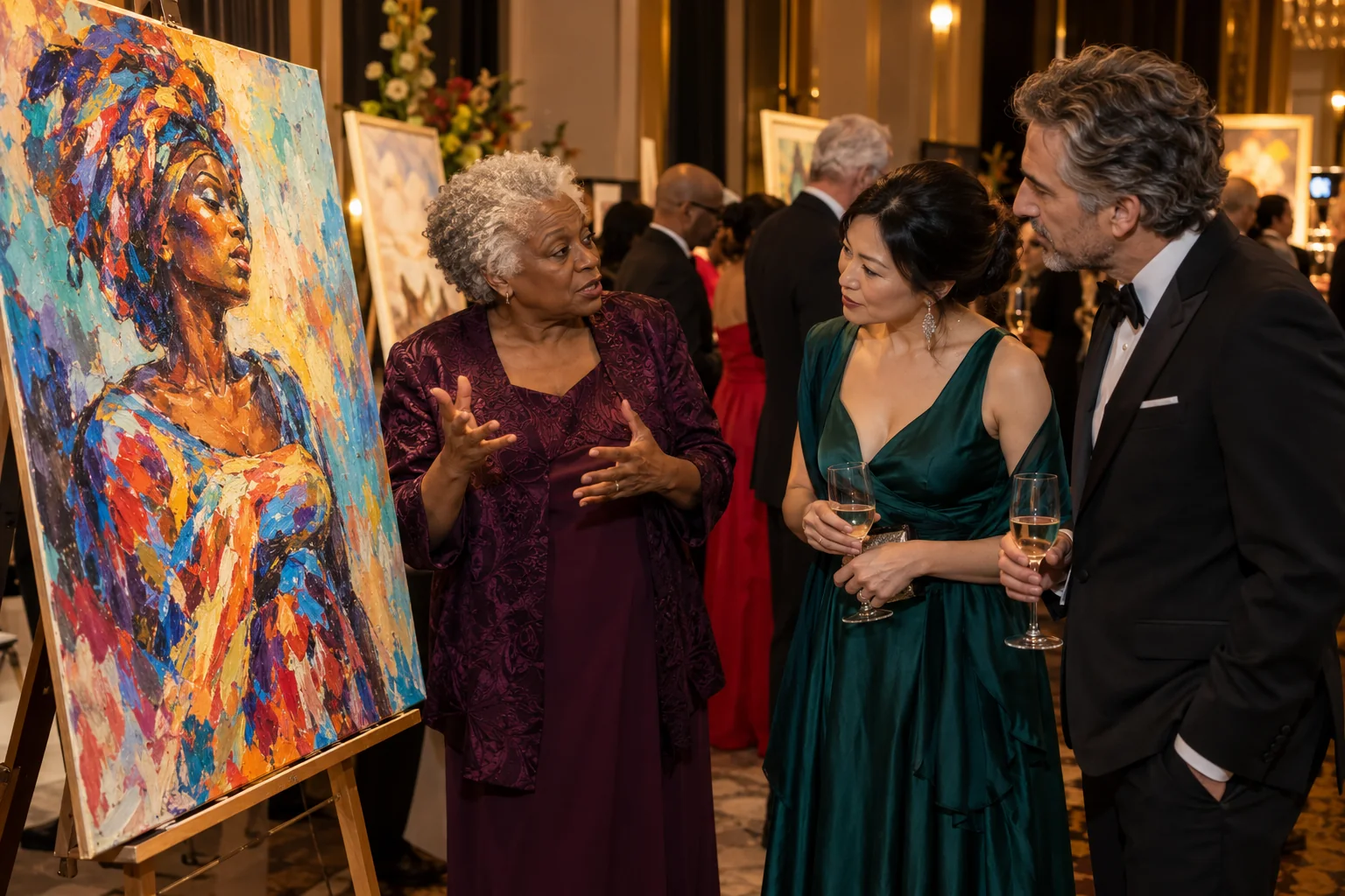 Illustration of an artist discussing a colorful painting with guests at a gala preview