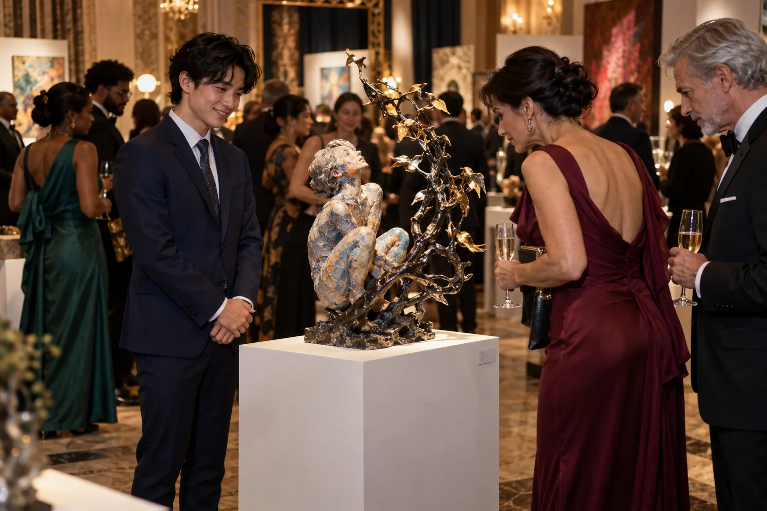 Concept of a young artist and guests viewing a figurative sculpture