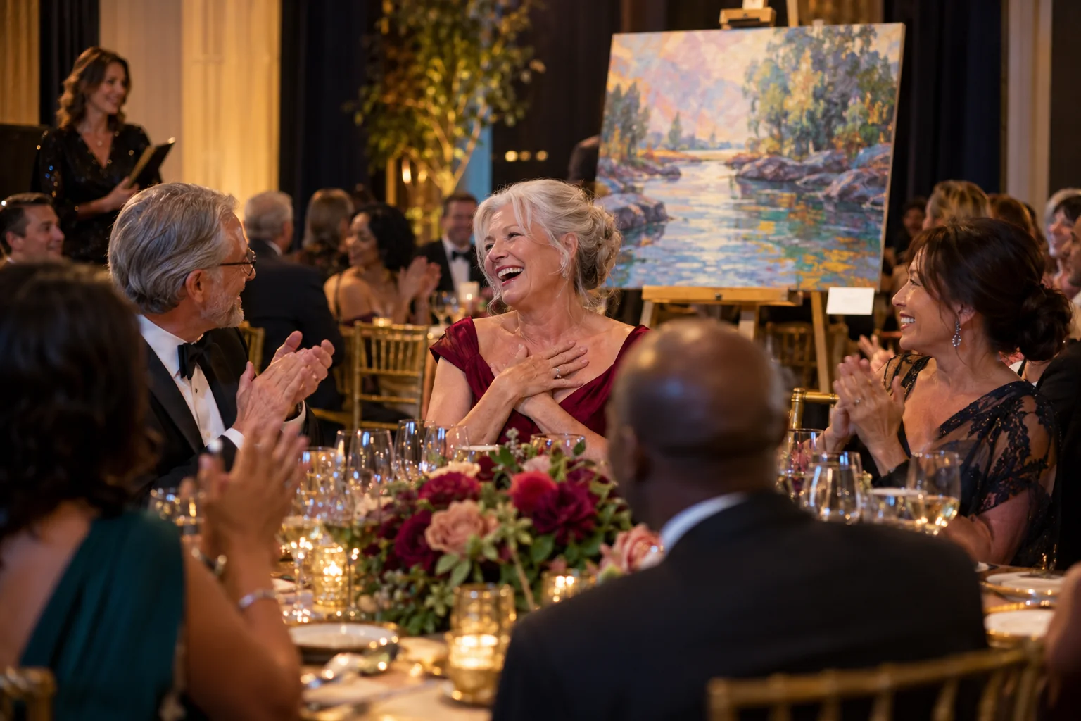 Concept of a winning bidder celebrating with guests near an artwork