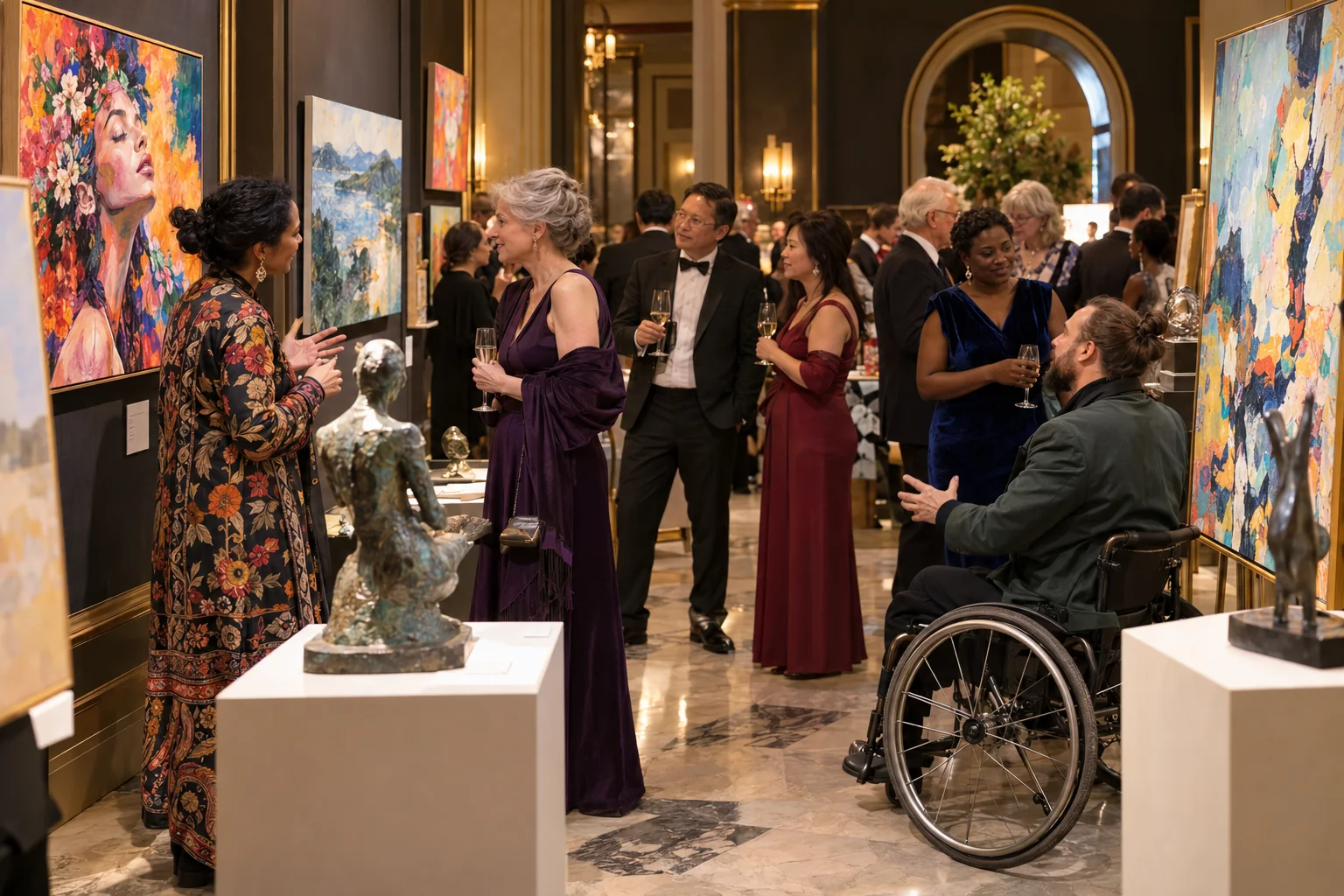 Illustration of artists and guests sharing conversation among paintings and sculptures at a gala