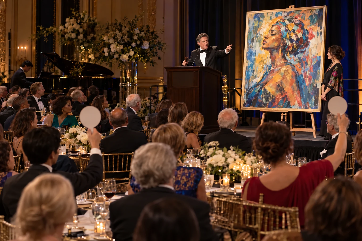 Concept of a gala live art auction with an expressive portrait painting beside the auctioneer