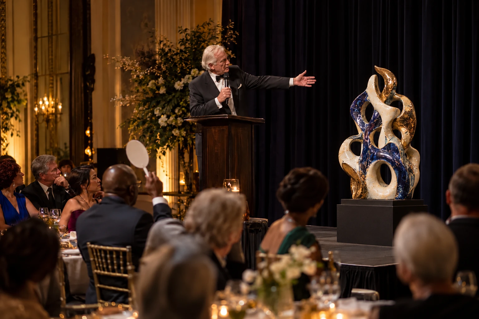 Illustrative gala scene of an auctioneer presenting a glazed ceramic sculpture