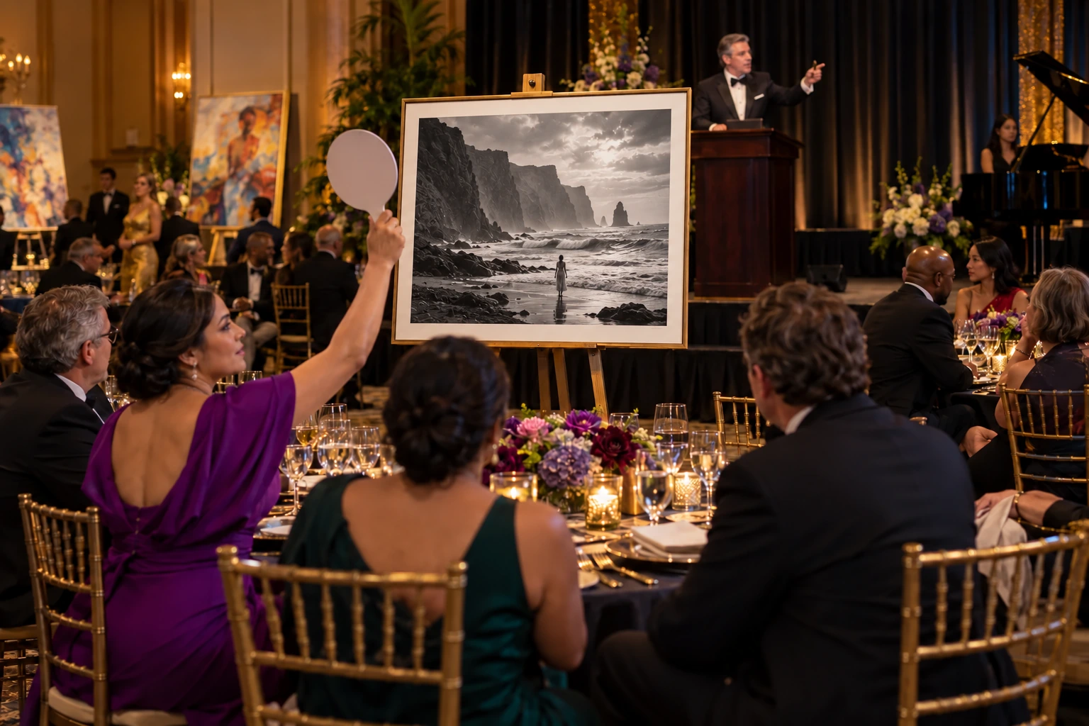Concept of a gala guest bidding on a framed fine-art black-and-white photograph