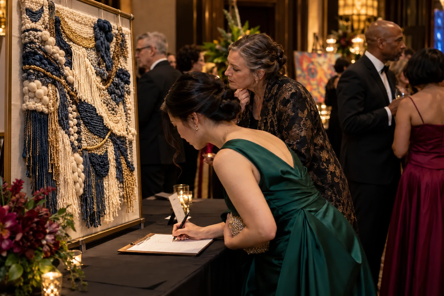 Concept of a guest placing a silent bid beside a handwoven textile artwork