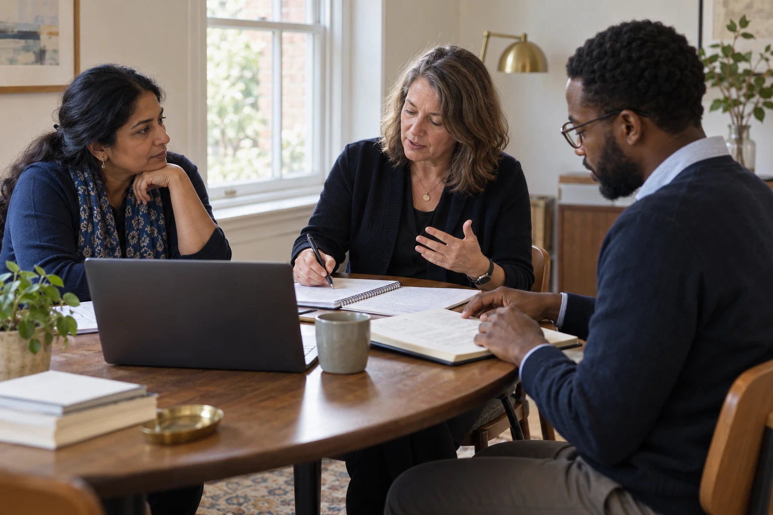 Illustration of three adults discussing research questions and notes around a table