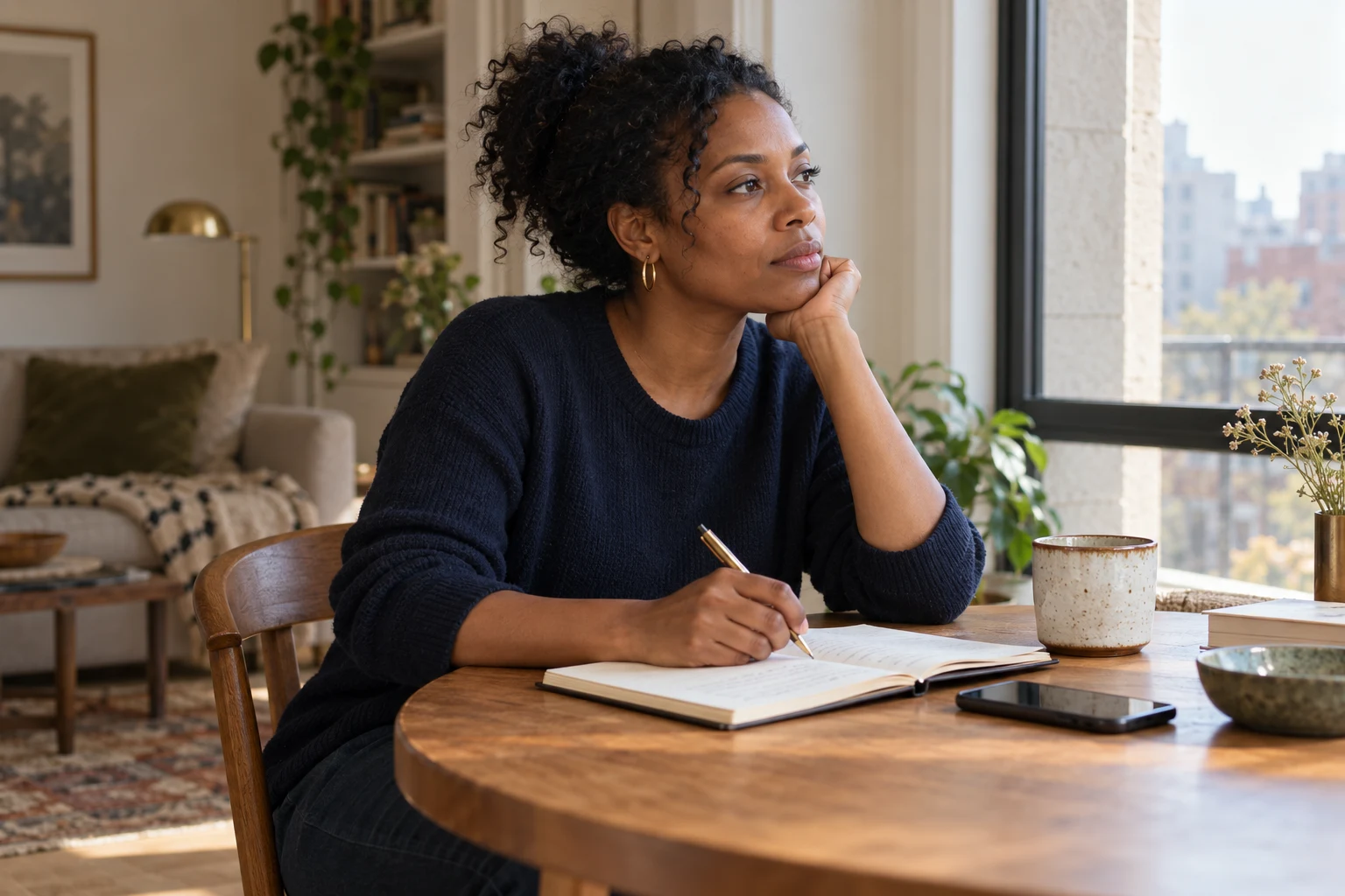 Illustration of a woman reflecting beside an open notebook at home